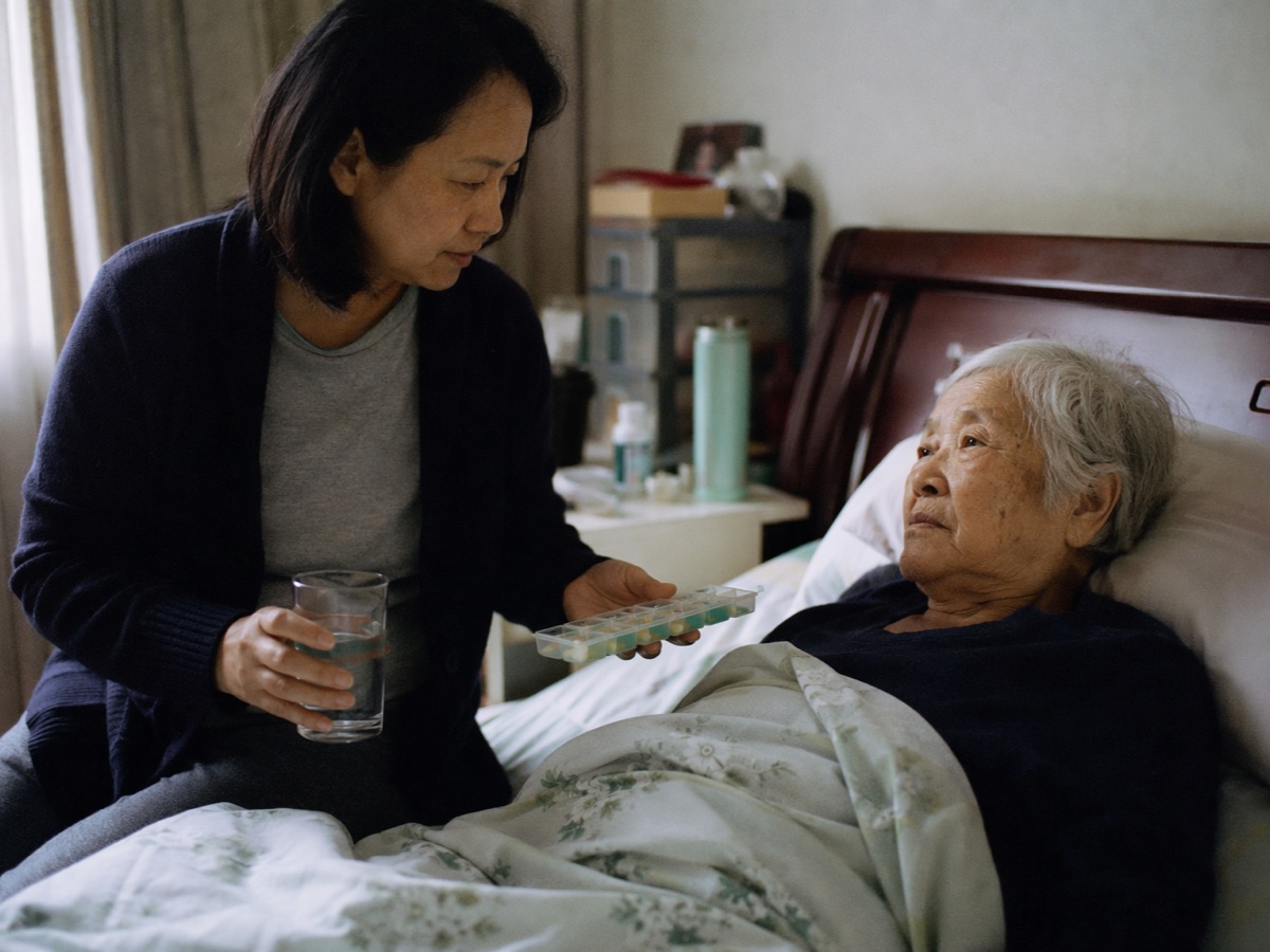 A Chinese adult daughter sitting beside her elderly mother holding medicine on a bed