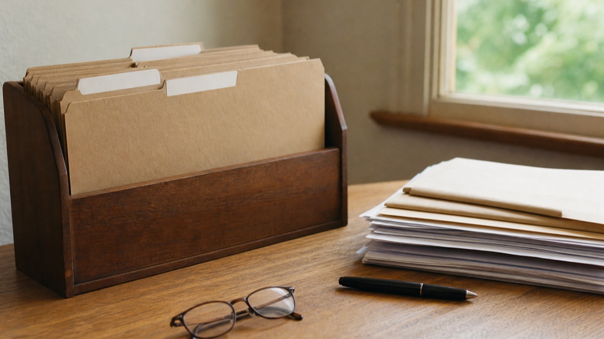 Kraft folders with plain tab labels standing neatly in a wooden document tray on a desk