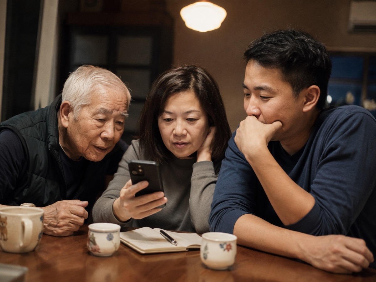 Two adult Chinese siblings and their elderly father gathered around a smartphone at the dining table