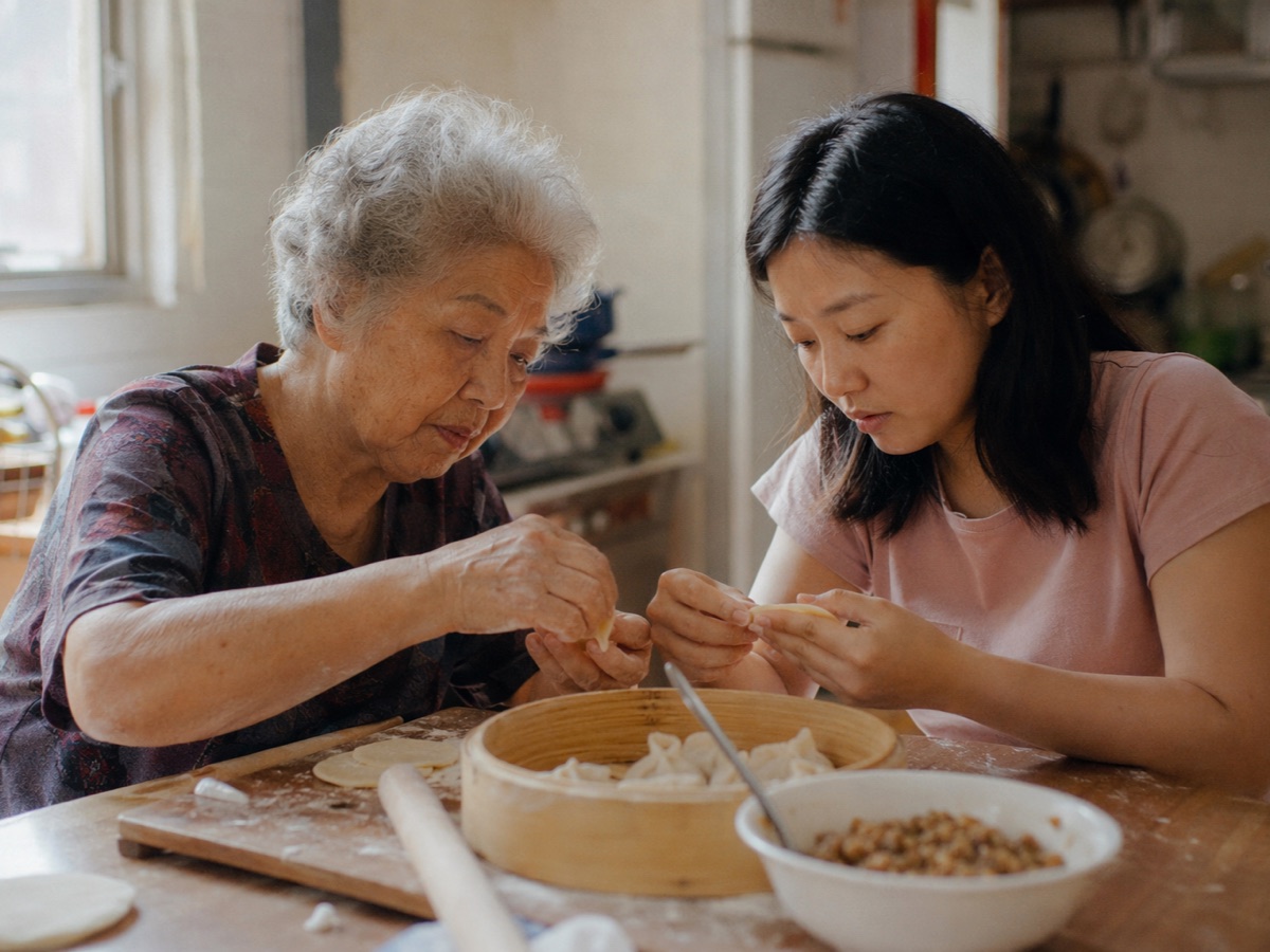 A Chinese grandmother teaching her adult granddaughter to make dumplings in a kitchen