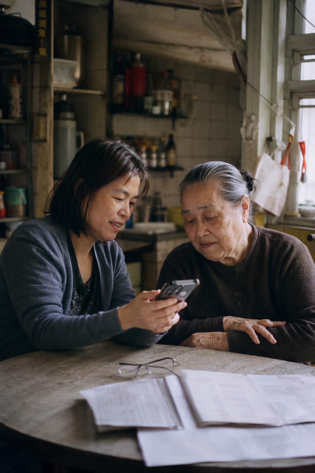 A Chinese adult daughter and her elderly mother looking at a smartphone together at a sunlit kitchen table